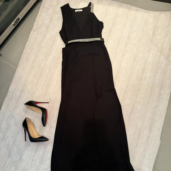 NEW Black with Silver Rhinestone Evening Gown with Cut Outs, Halston, US 2 - Picture 5 of 7